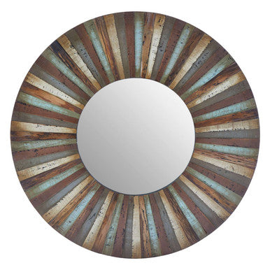 Round mirror with a sunburst pattern in brown, blue, and beige colors on a white background.