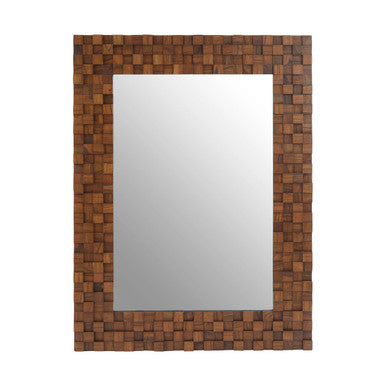 Rectangular mirror with a wooden mosaic frame on a white background