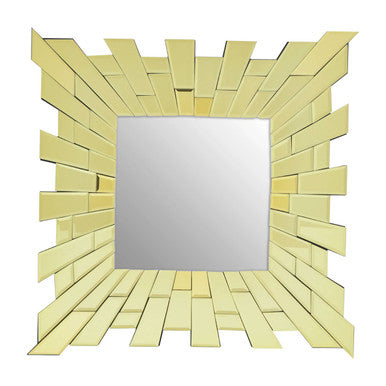 Decorative mirror with a geometric gold frame on a white background