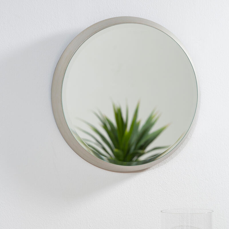 Round mirror on a wall above a wooden bowl with apples and a small potted plant on a table.