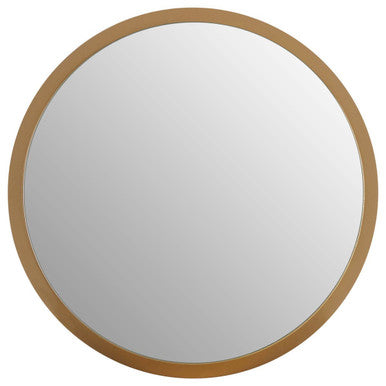 Round mirror with a wooden frame on a white background