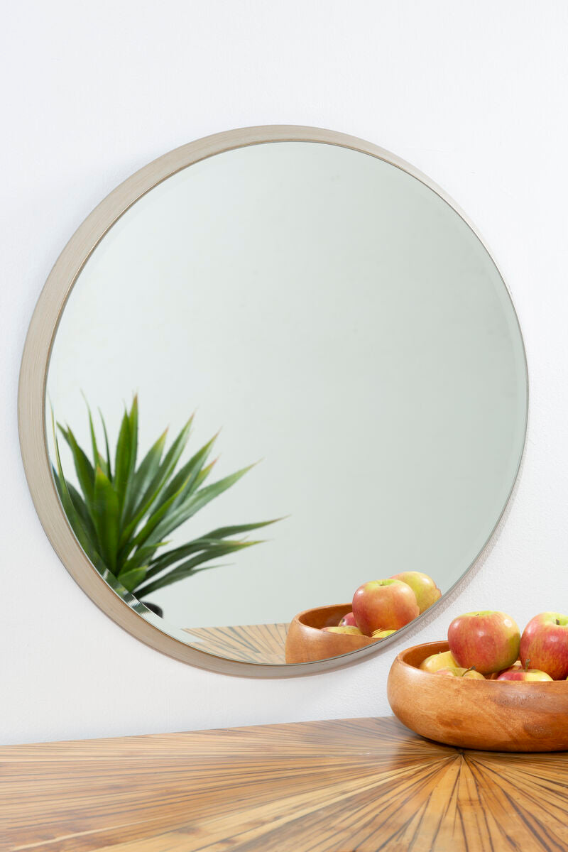 Round mirror on a wall with a wooden bowl of apples and a plant reflection.