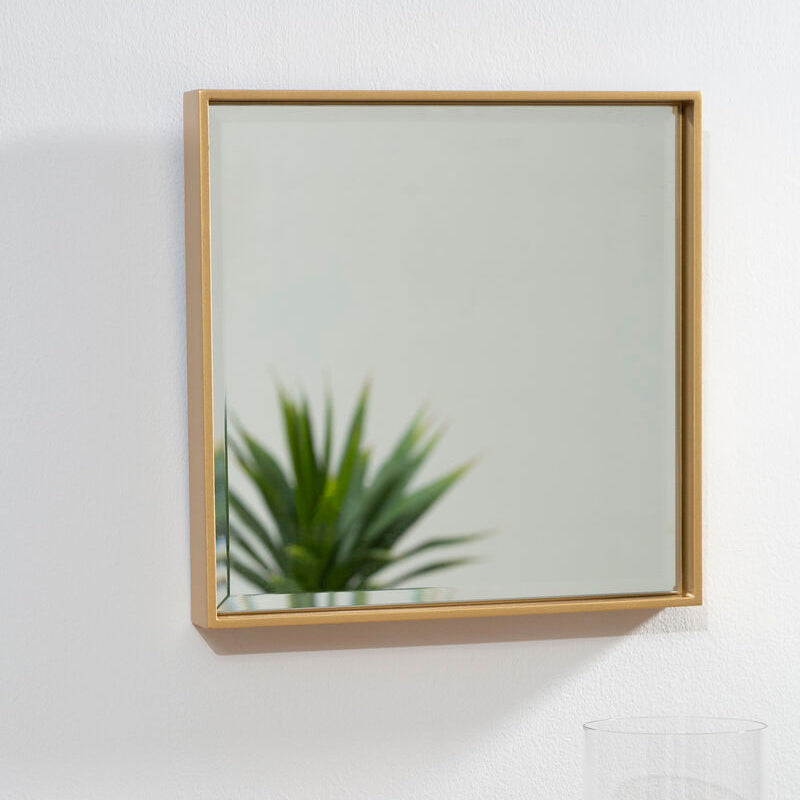 Wooden bowl with apples on a table next to a mirror reflecting a plant, all against a white wall.