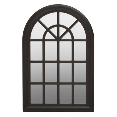 Decorative window-shaped mirror with black frame on a white background