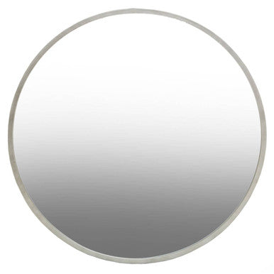 Round mirror with a silver frame on a white background