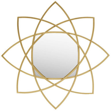 Decorative gold mirror with a geometric design on a white background