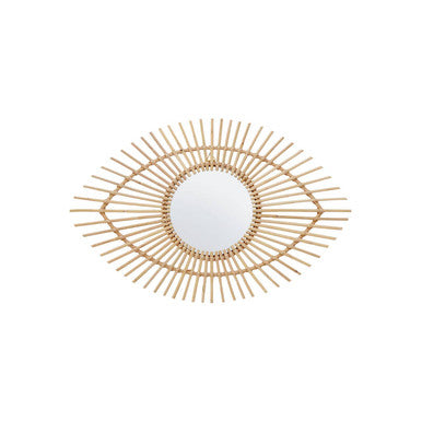 Decorative mirror with eye-shaped rattan frame on a white background