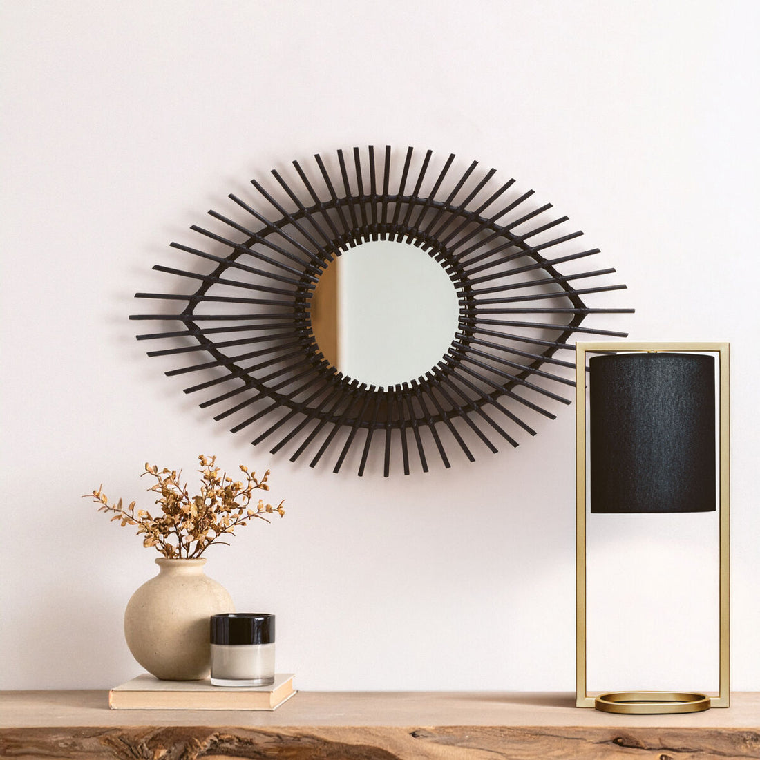 Mataram Black Natural Rattan Eye Shape Wall Mirror