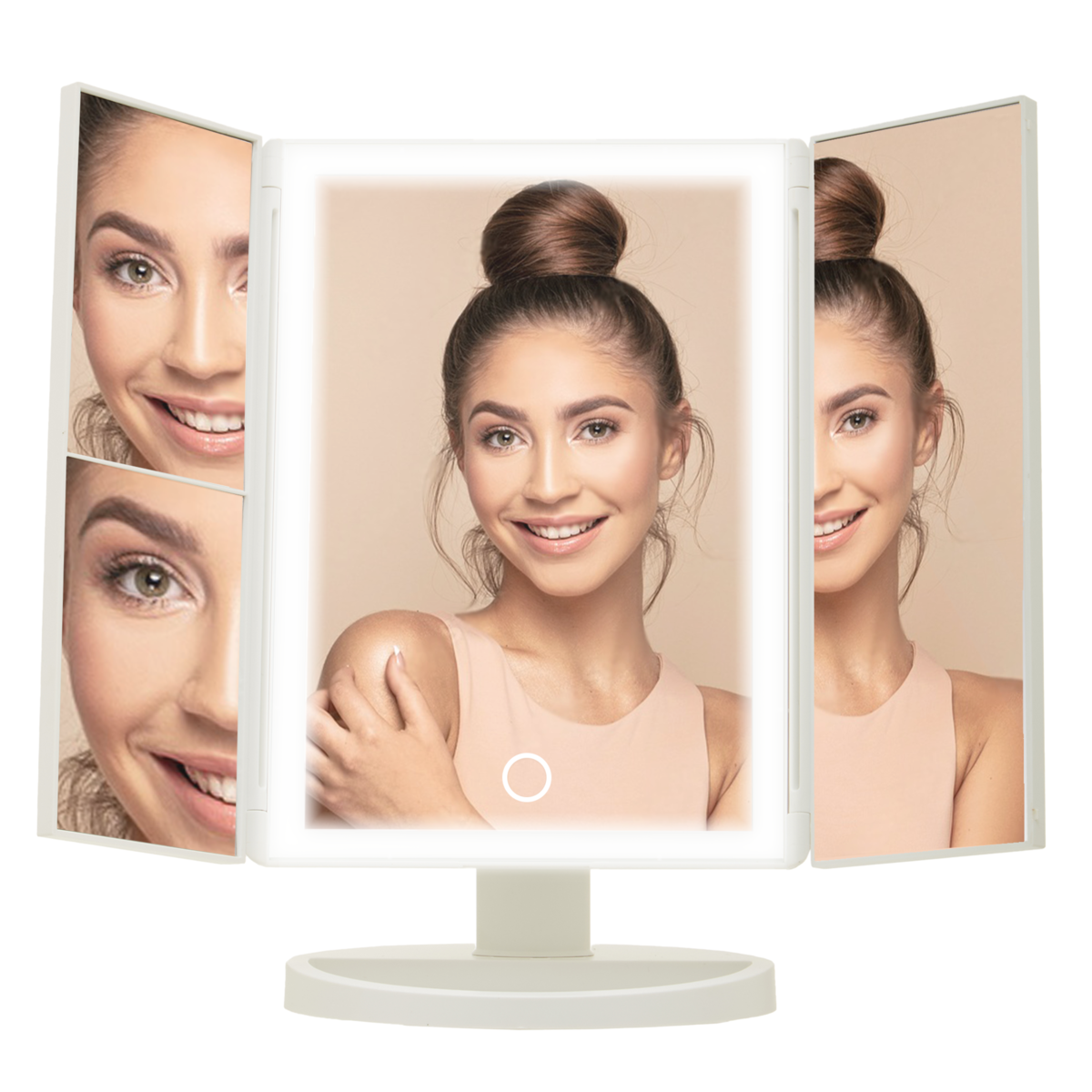 Tri-fold makeup mirror with LED lights on a white background