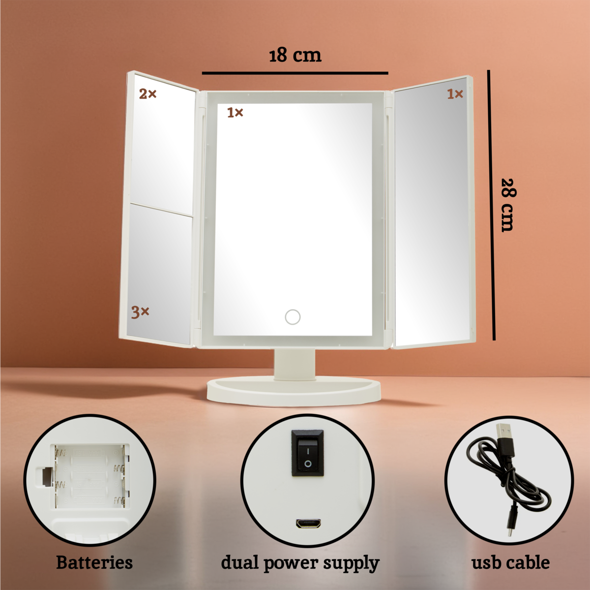 Cassini Tri Fold White LED Table Mirror