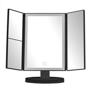 Tri-fold makeup mirror with LED lights on a white background