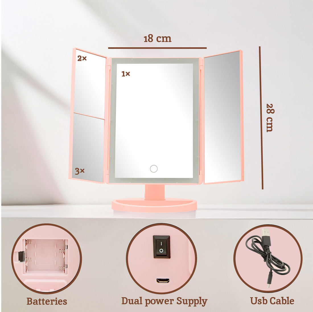 Measurement chart of a makeup mirror with dimensions and power supply details.