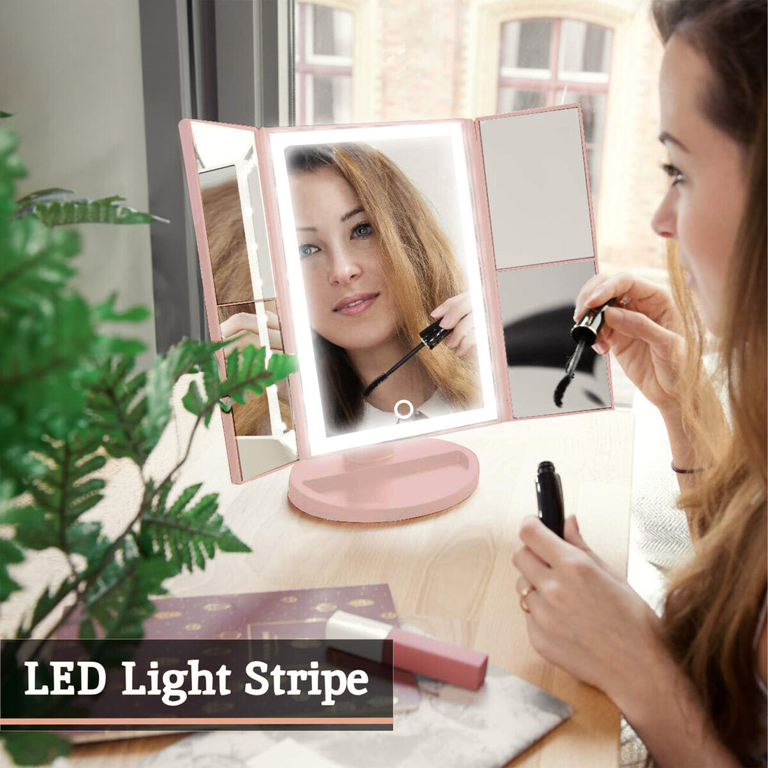 Cassini Tri Fold Pink LED Table Mirror