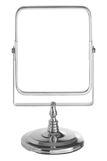 Chrome vanity mirror with a round base on a white background