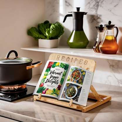Kitchen scene with a cookbook stand holding a recipe book, pots on the stove, and a shelf with kitchen items.