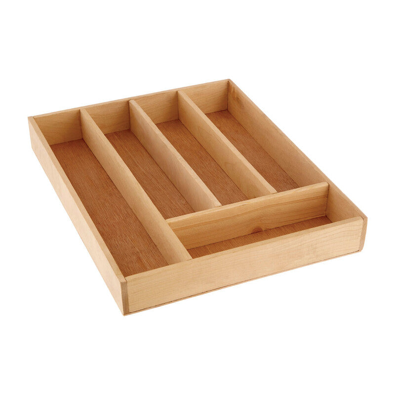 Wooden drawer organizer with multiple compartments on a white background