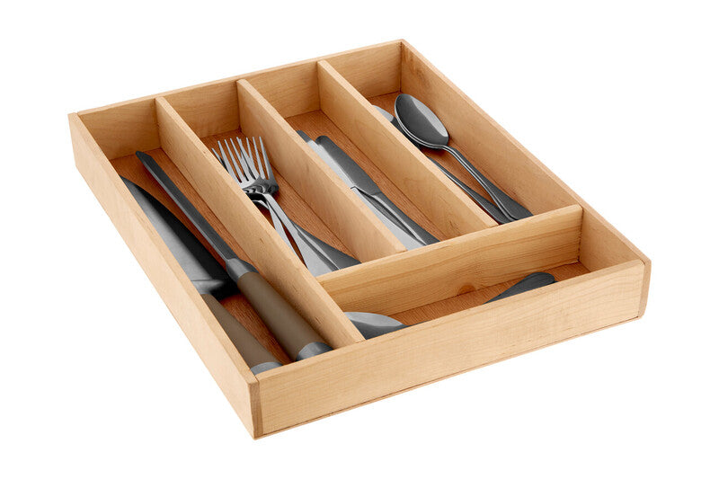 Wooden cutlery organizer with silverware on a white background