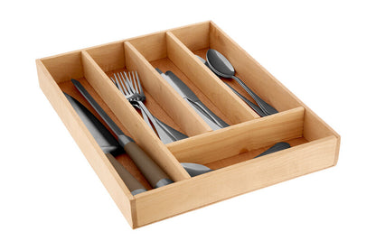 Wooden cutlery organizer with silverware on a white background