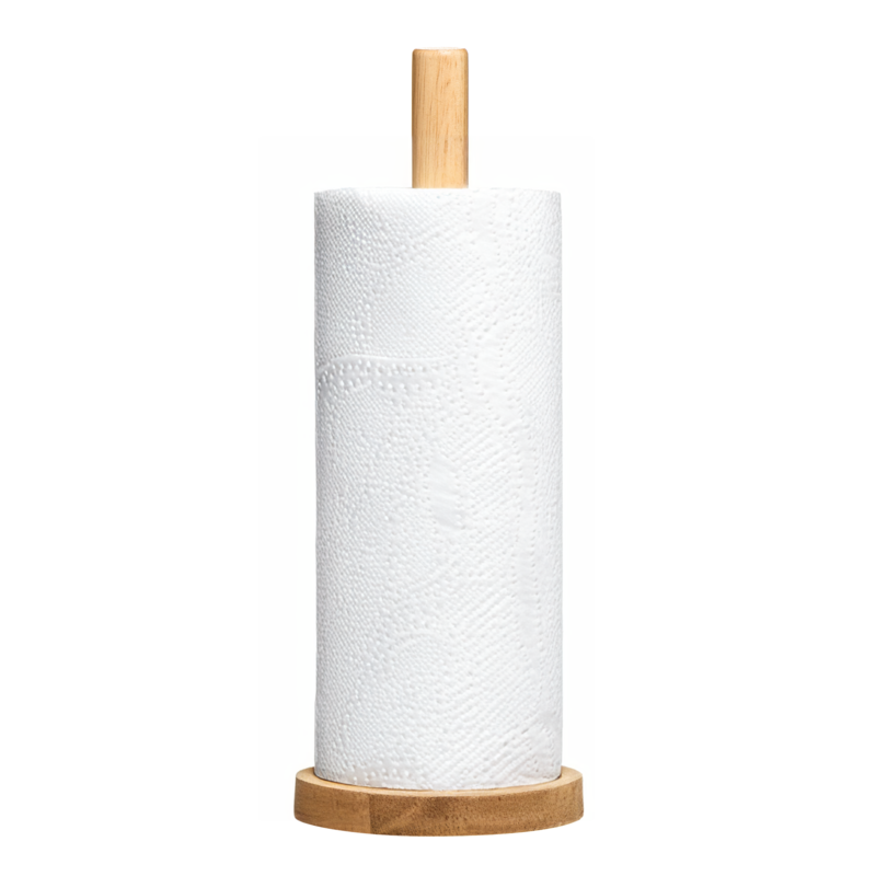 Roll of paper towels on a wooden stand against a white background
