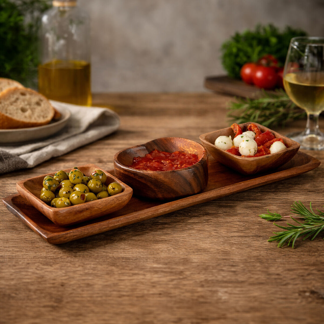 Kora Acacia Wood 3 Piece Serving Dish Set With Tray