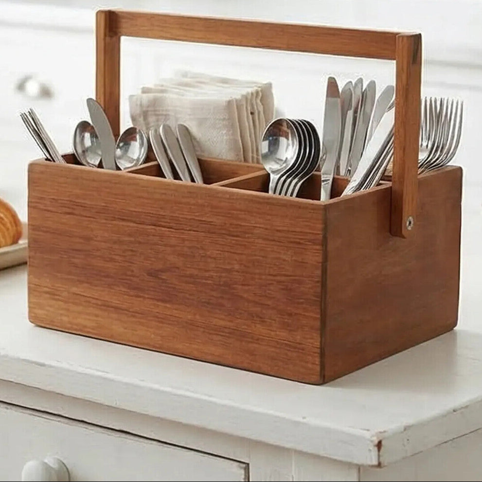 Wooden caddy with cutlery and napkins on a kitchen counter, branded &