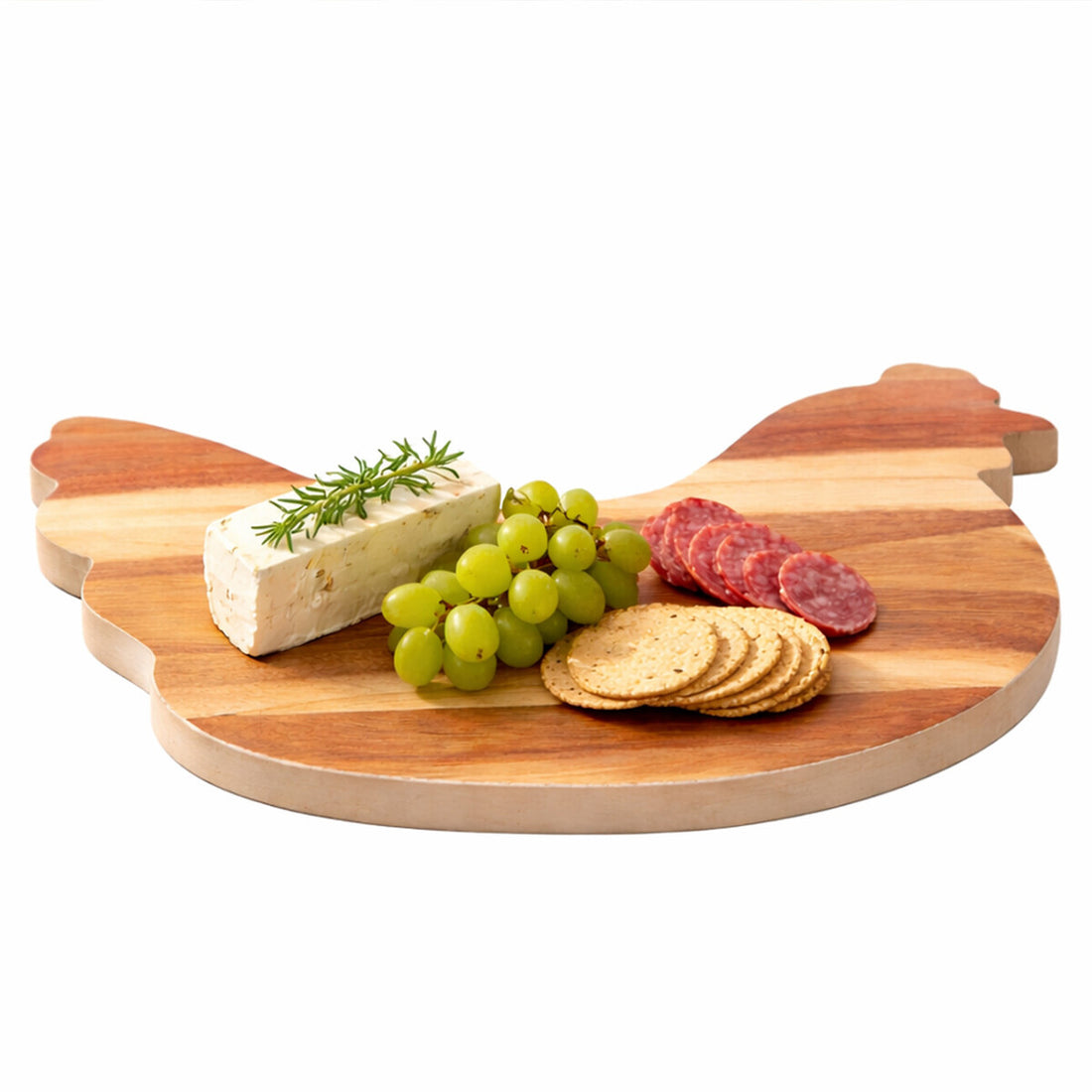 Wooden cheese board with cheese, grapes, and salami on a white background