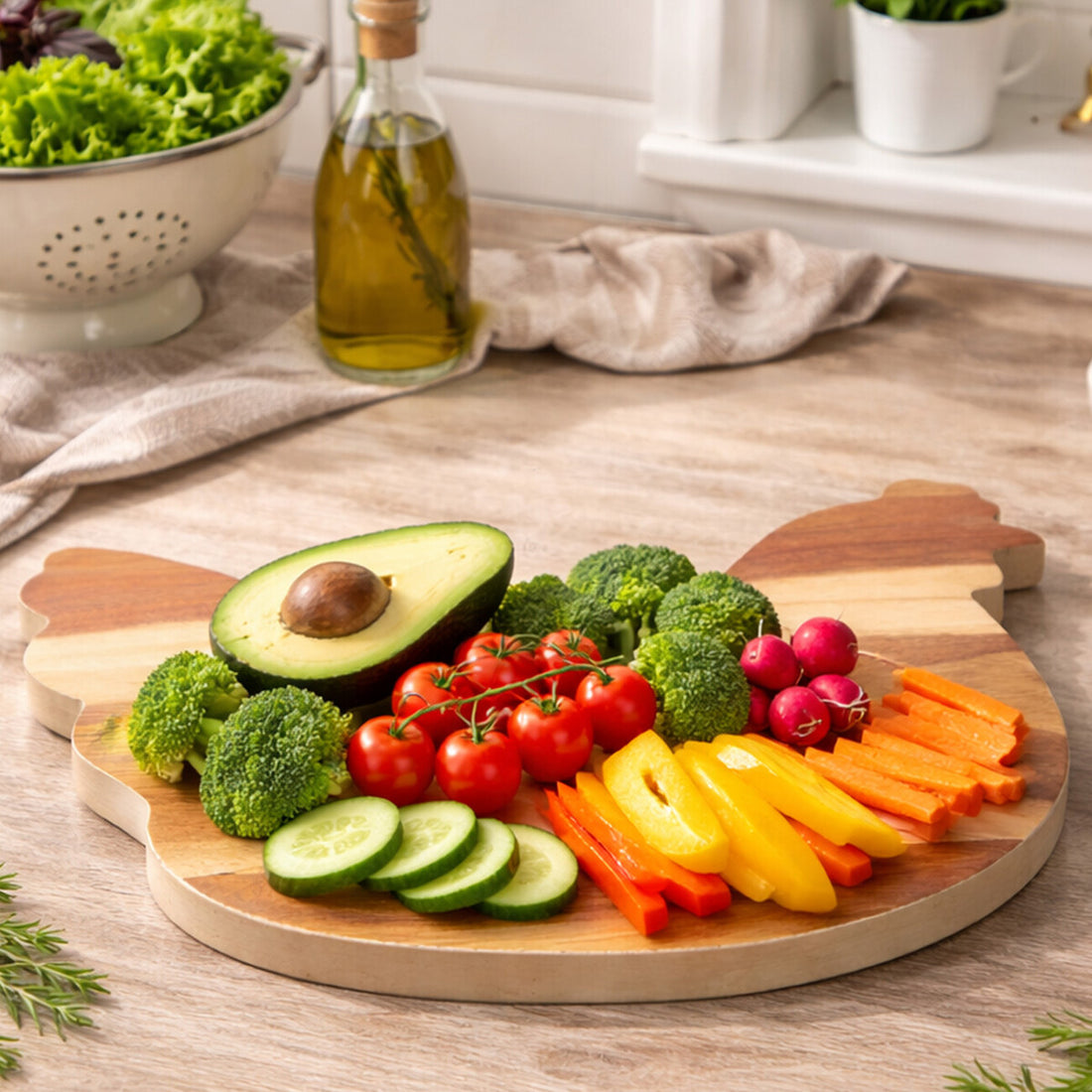 Wooden cutting board with sliced vegetables on a kitchen counter