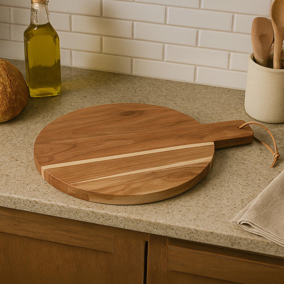 Wooden cutting board on a kitchen counter with a bottle of oil and bread in the background.