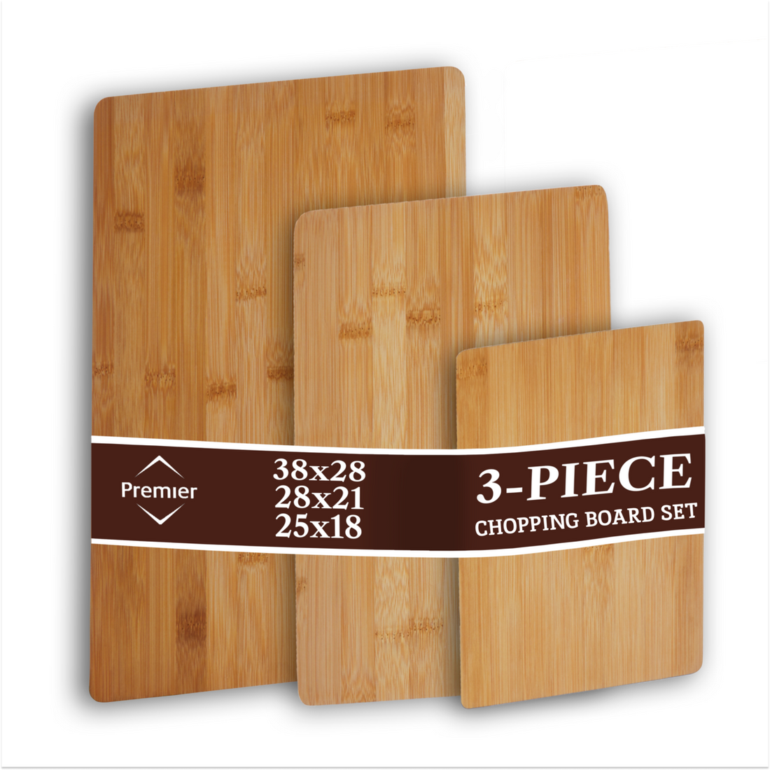 Three bamboo cutting boards with dimensions and &