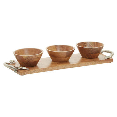 Vine Acacia Wood Set Of 3 Dip Bowls With Tray
