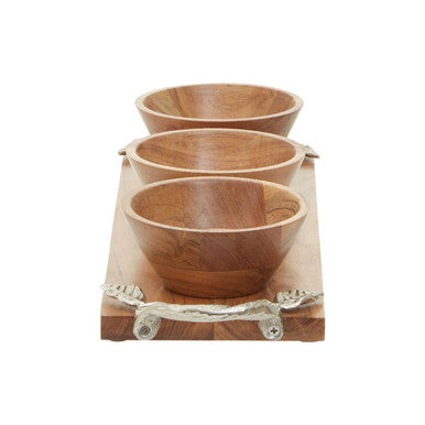Vine Acacia Wood Set Of 3 Dip Bowls With Tray
