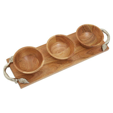Vine Acacia Wood Set Of 3 Dip Bowls With Tray
