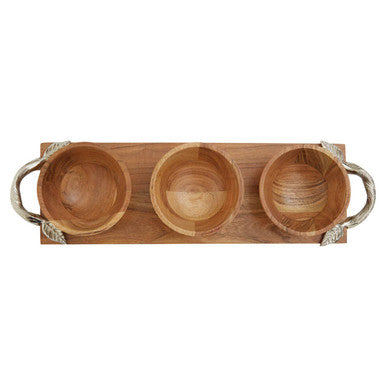 Vine Acacia Wood Set Of 3 Dip Bowls With Tray