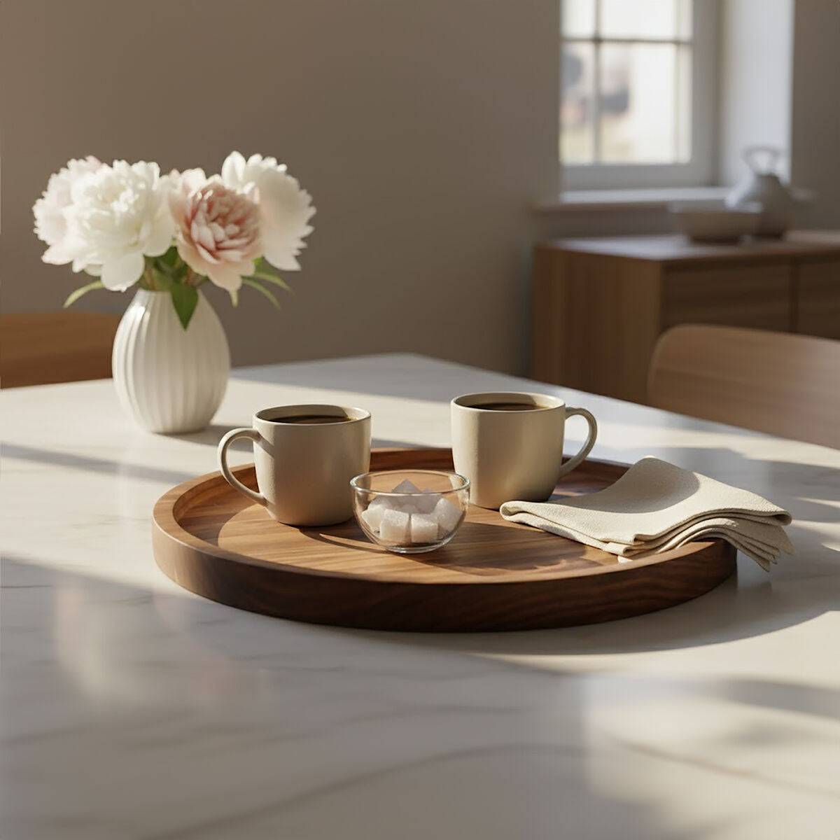 Two coffee cups on a wooden tray with a vase of flowers on a table.