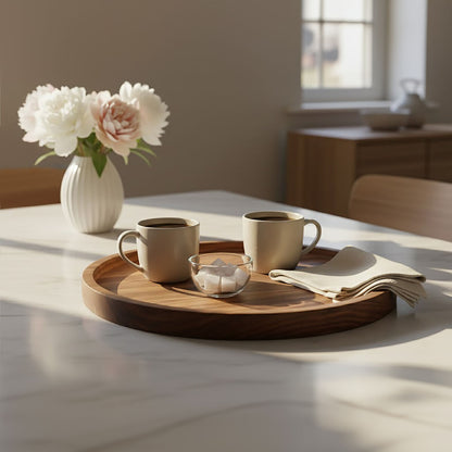 Two coffee cups on a wooden tray with a vase of flowers on a table.