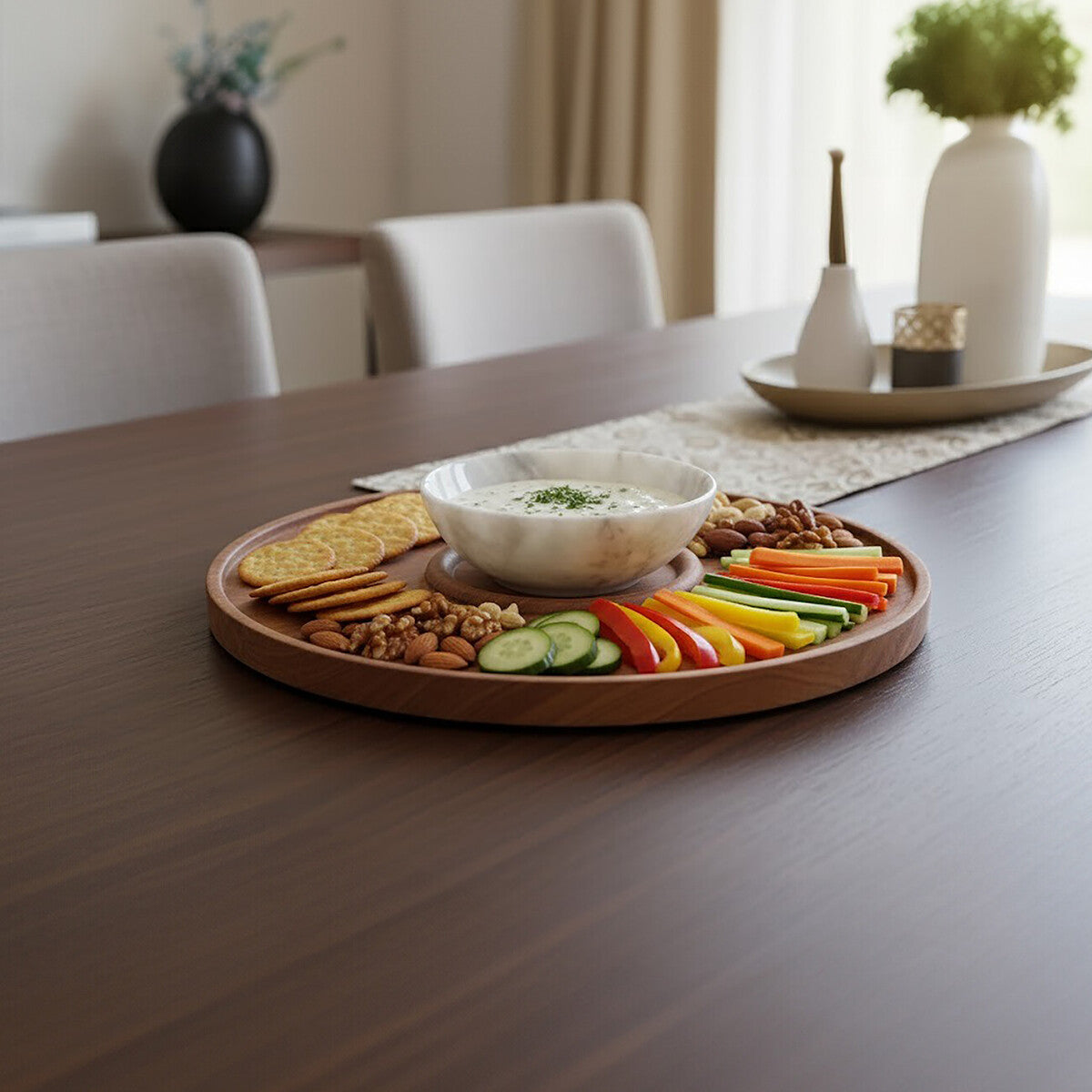 Kora Acacia Wood And White Marble Chip And Dip Platter
