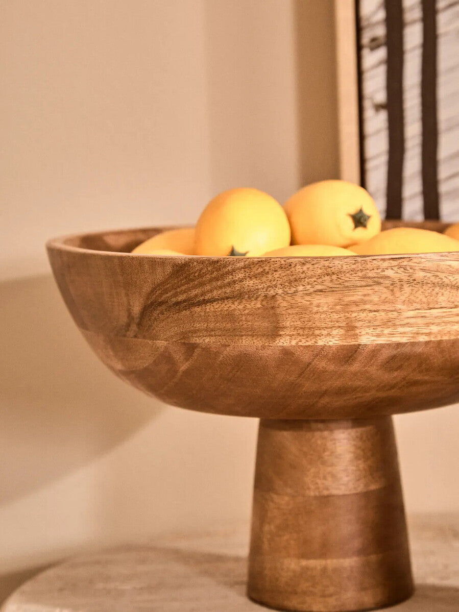 Kara Mango Wood Serving or Fruit Bowl with Pedestal Base