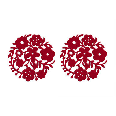 Felt Set Of Two Red Flower Design Placemats - image 1