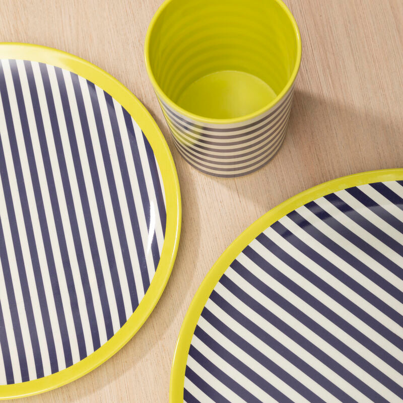 Navy and white striped plates with yellow rims on a wooden surface.
