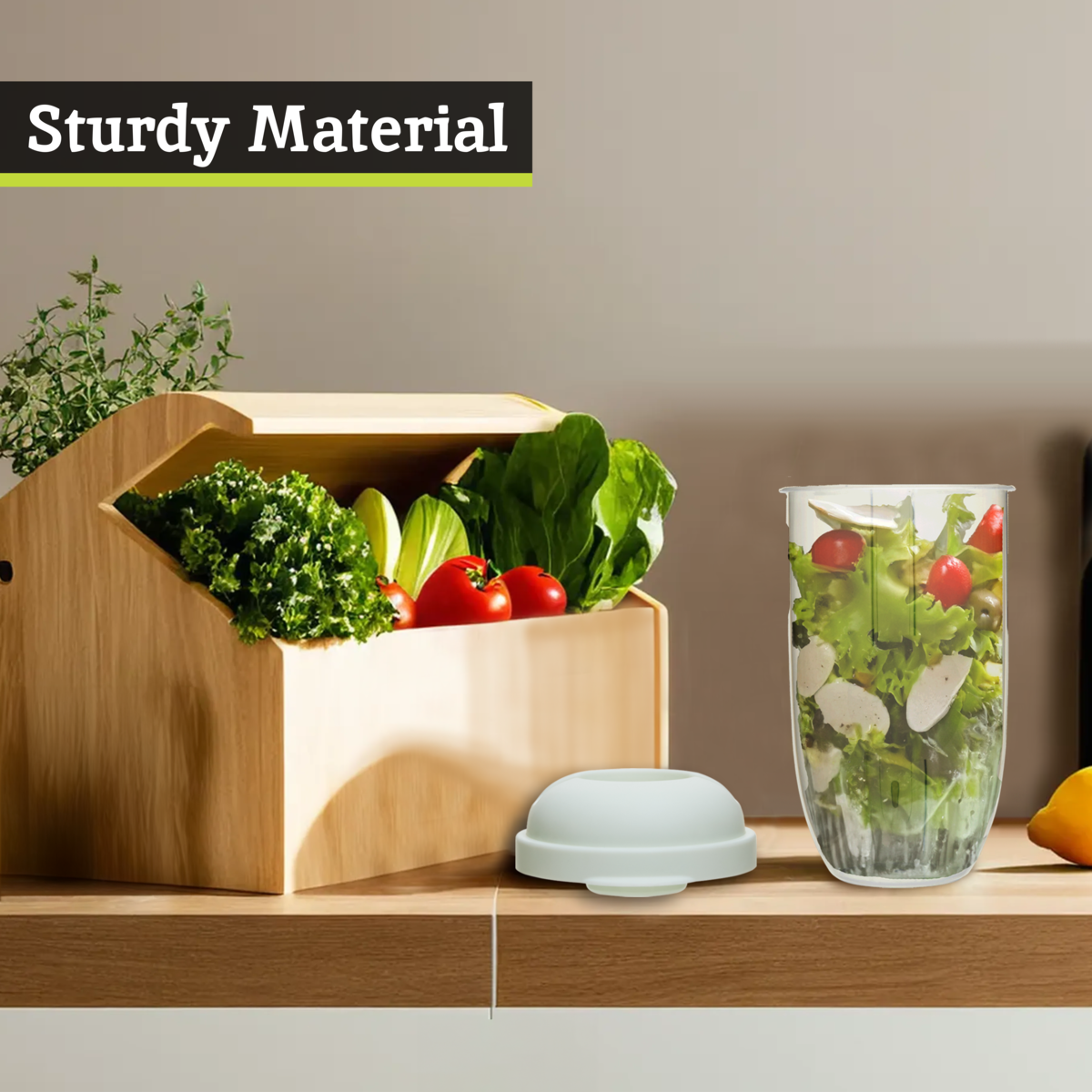 Wooden box with fresh vegetables, a glass container with salad, and a white lid on a wooden surface.