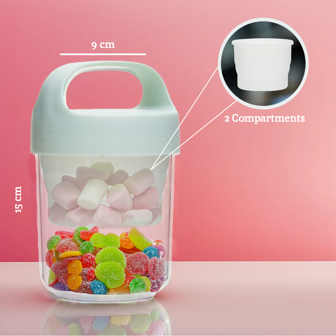 Transparent container with handle filled with colorful gummy candies on a pink background
