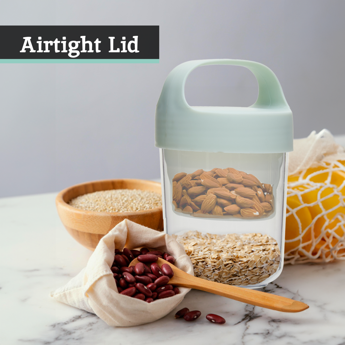 Container with airtight lid filled with almonds, surrounded by bowls of various grains on a marble surface.