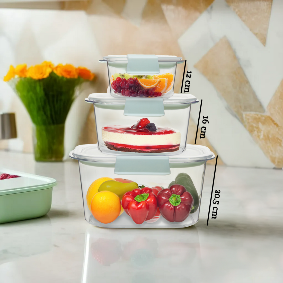 Set of glass food containers with measurements on a kitchen counter