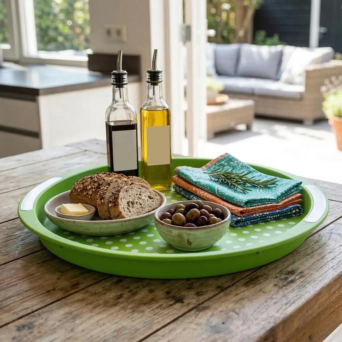 Green tray with bread, olive oil, and olives on a wooden table outdoors.