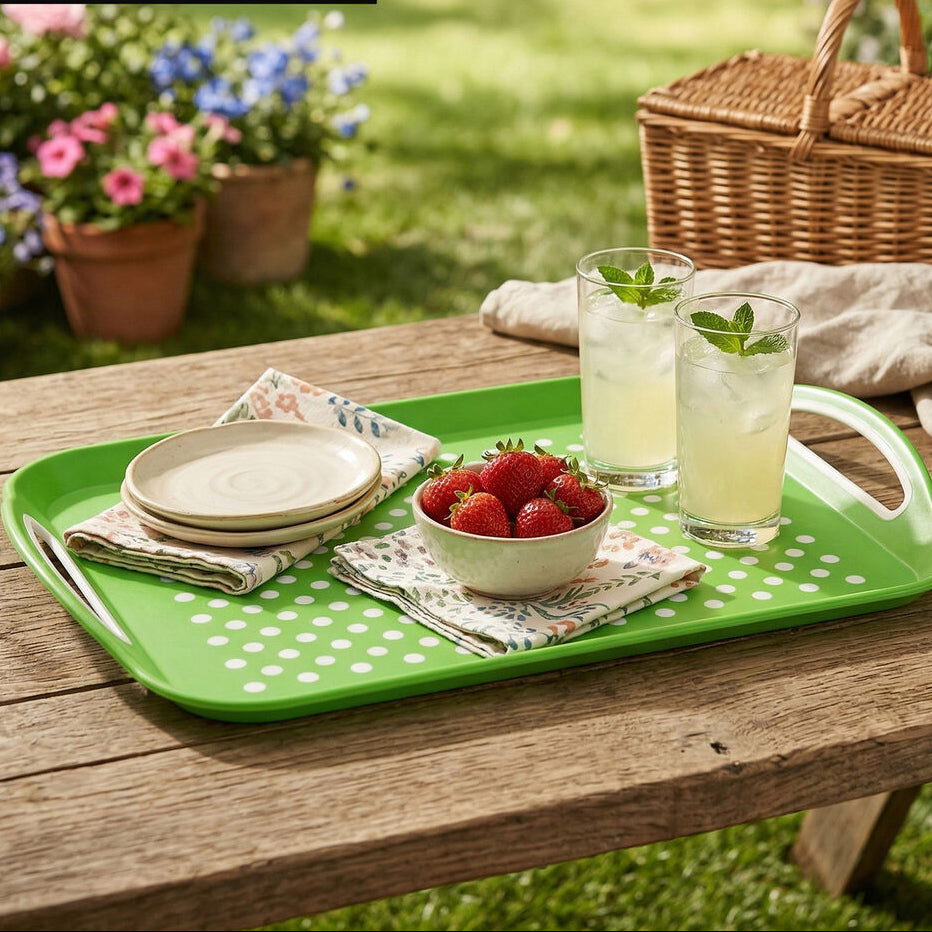 Green tray with plates, a bowl of strawberries, and glasses on a wooden table outdoors.