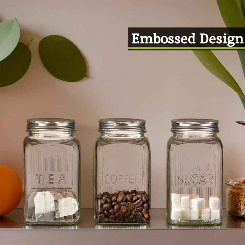 Three glass jars labeled &