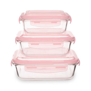 Set of 3 Rectangular Glass Containers with Pink Lids | Freska