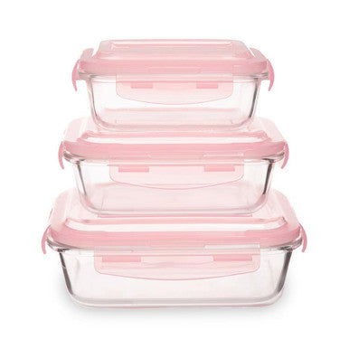 Freska Set Of 3 Rectangular Glass Containers with Pink Lids