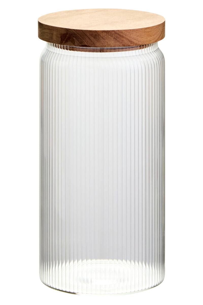 Freska Ribbed Round Glass Jar with Acacia Wood Lid 1200ml - Image 1