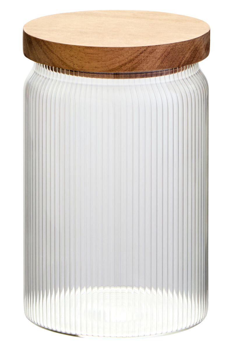 Freska Ribbed Round Glass Jar with Acacia Wood Lid 870ml - Image 1